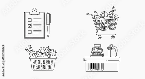 Shopping icons including clipboard, shopping cart, basket and checkout counter