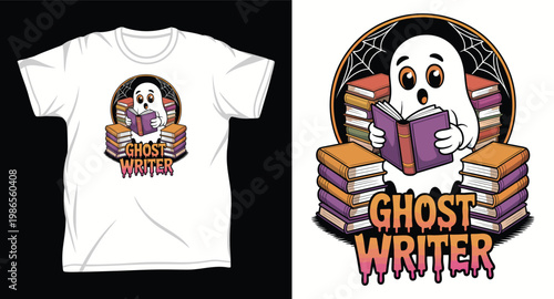 A cute ghost writer with a purple book in hand and surrounded by a stack of books, perfect for halloween.