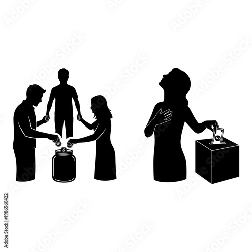 Community contributions through donations and volunteering efforts depicted in illustrations Vector, illustration