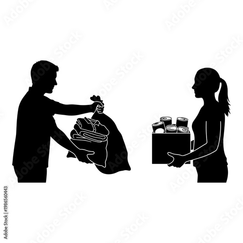 Two individuals exchanging food items in a charitable gesture Vector, illustration