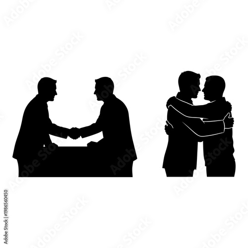 Two contrasting interactions between pairs of individuals in silhouette form. Vector, illustration