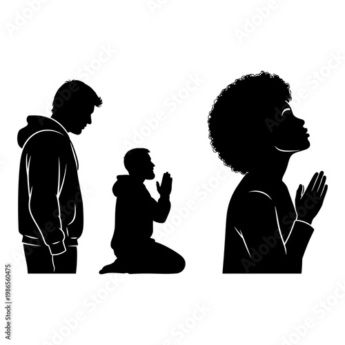 Contrasting emotions: prayer and disregard in silhouette art Vector, illustration