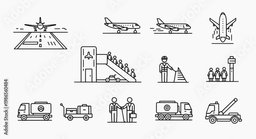 Airplane Travelers Arrive at Airport Gate with Service Vehicles