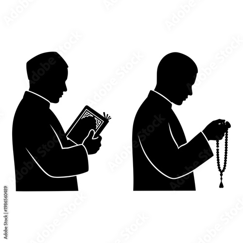 Two silhouettes of clergy engaged in religious practices with prayer book and rosary beads Vector, illustration