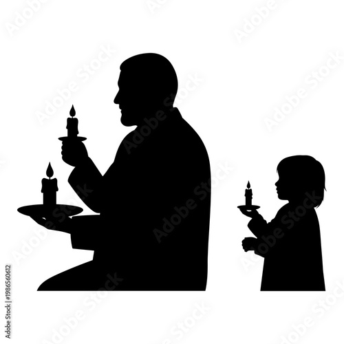 Adult and child holding lit candles together in a solemn moment Vector, illustration