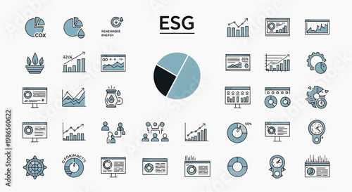 A collection of various business and technology icons displayed on a screen for analysis and presentation purposes with graphs.