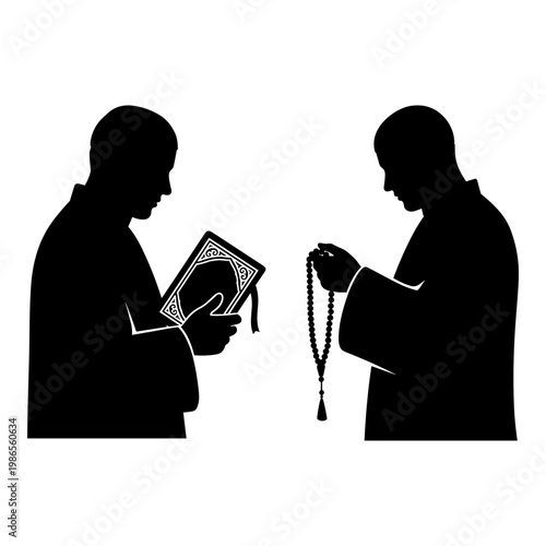 Two individuals sharing religious texts and prayer beads in contemplation. Vector, illustration