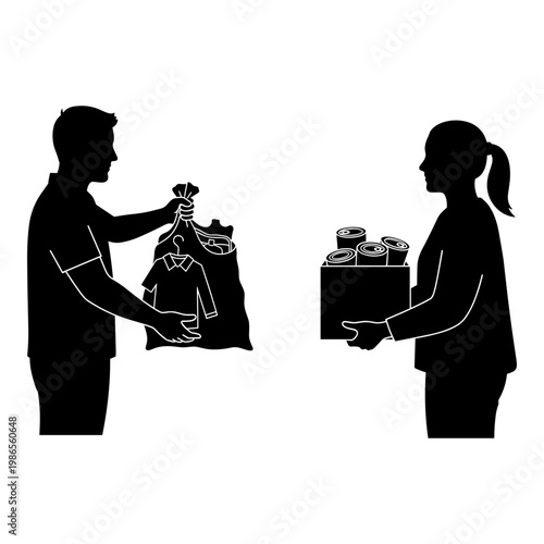Two individuals exchanging items in a mutual aid scenario Vector, illustration