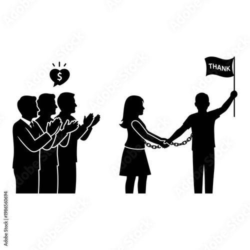 Corporate gratitude and financial dependency illustrated in a silhouette drawing Vector, illustration