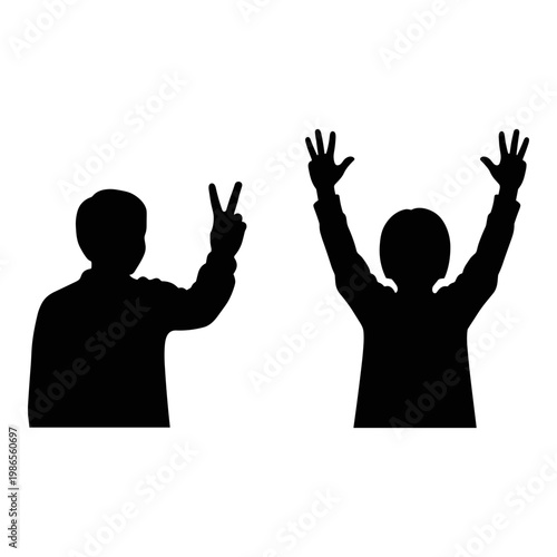 Two silhouettes displaying peace and victory hand gestures against a plain background Vector, illustration
