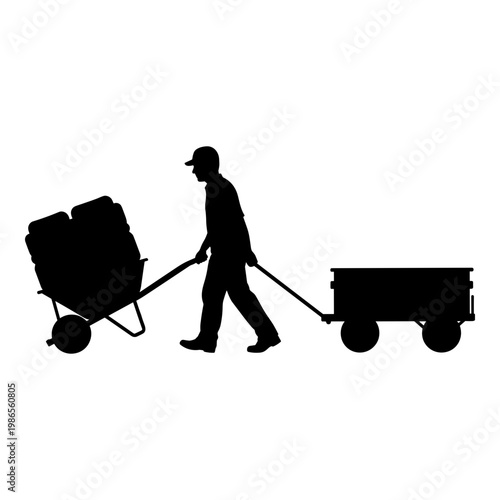 A person pulling heavy carts loaded with materials and sacks. Vector, illustration