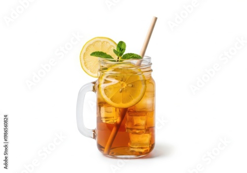 Cold iced tea in a glass mason jar with lemon and mint