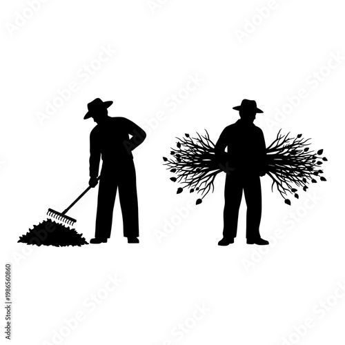 Two silhouettes depicting gardening and tree pruning activities in contrast. Vector, illustration