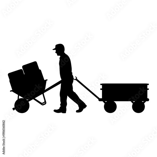 A person pulling two utility carts filled with materials Vector, illustration