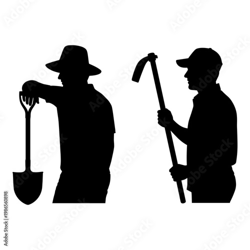 Two gardeners holding different gardening tools in silhouette form Vector, illustration