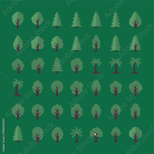 A variety of tree silhouettes on green.