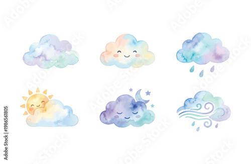Set of 6 watercolor cloud icons featuring weather elements and cute faces on white background