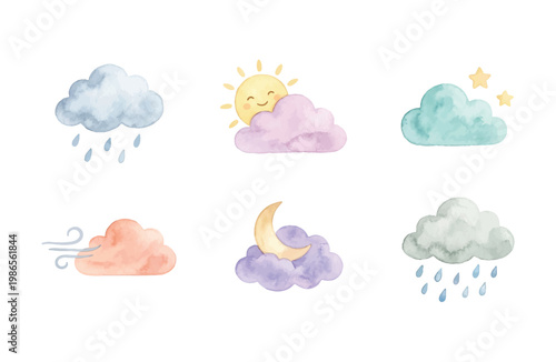 Set of 6 watercolor cloud icons with weather elements, hand-painted minimalist weather symbols on white background