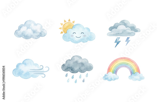 Set of 6 watercolor weather icons featuring clouds rain sun rainbow and lightning isolated on white background
