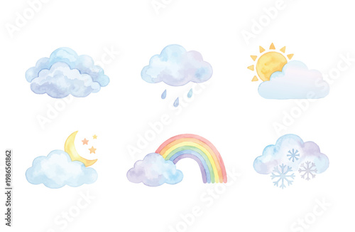 Set of 6 watercolor cloud weather icons with rainbow sun moon and snow isolated on white background