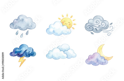 Watercolor weather cloud icons set with sun rain snow and moon