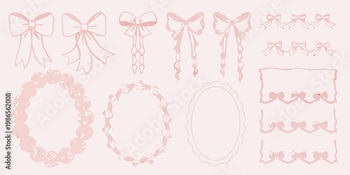 Delicate pink sketches of bows pearls and lace adornments
