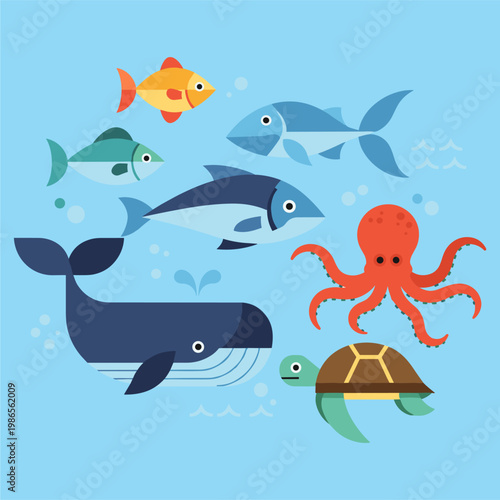 Colorful illustration of sea creatures swimming.