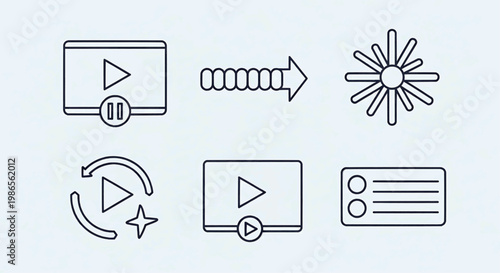 Set of essential outline icons for video players, media content, playback controls, and application settings