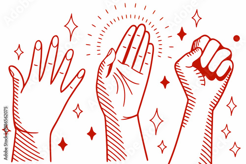 Red illustration depicting two hands clapping and a raised fist