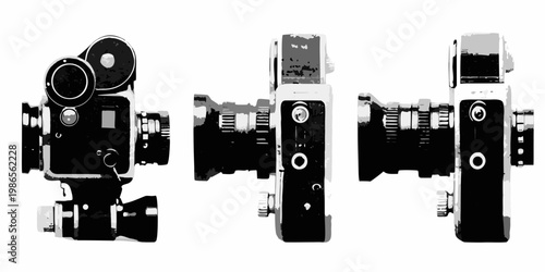 Vintage super 8 film camera depicted in a graphic illustrative style