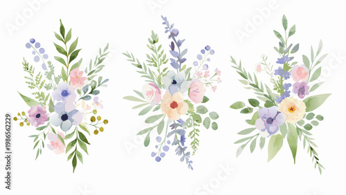 Watercolor floral arrangements three delicate bouquets with varied blooms