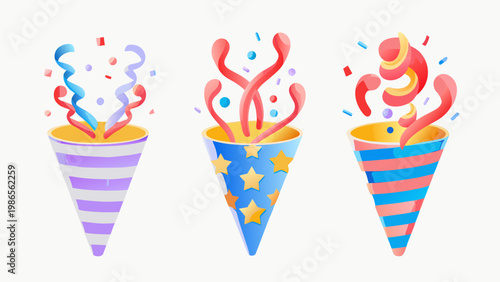 Colorful party poppers with confetti burst in a celebratory design