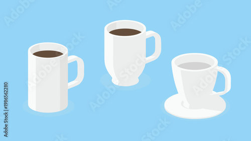 Isometric illustration of three white coffee cups on a blue background