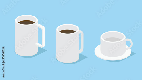Isometric illustration of three white coffee containers varying in size