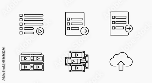 Versatile collection of line art icons for digital interface, data management, media playback, and cloud upload functionalities