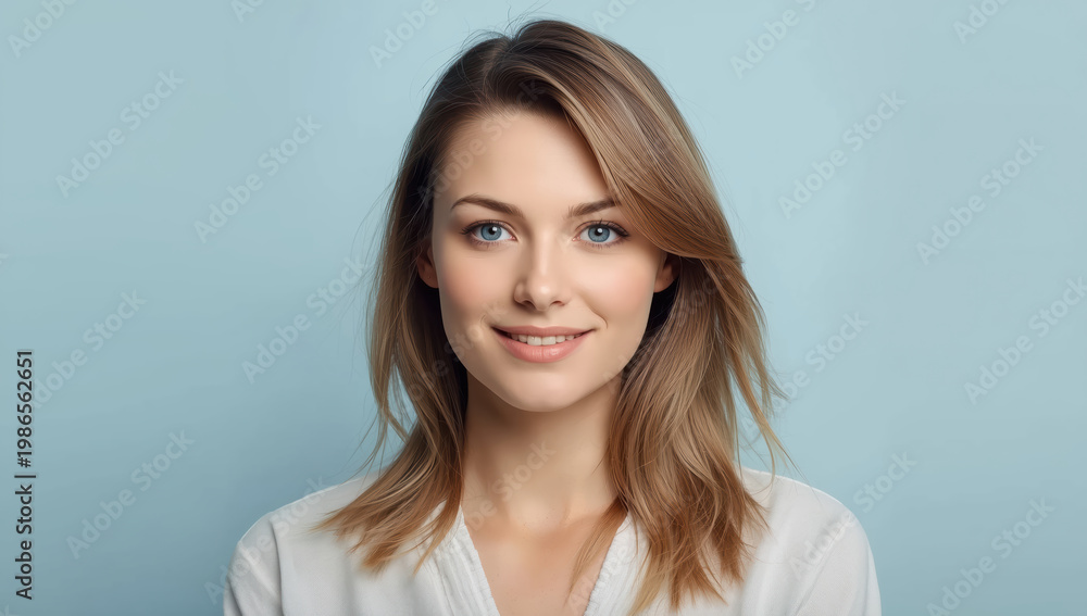 Obraz premium Smiling woman with blue eyes and light brown hair in soft blue background