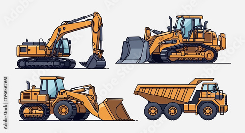 Set of Heavy Construction Vehicles: Excavator, Bulldozer, and Dump Truck in Bright Studio