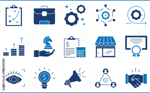 A set of icons related to SME or small and medium sized enterprises. Business, startup, shop, income, profit, strategy, budgeting, targeting, occupation, and so on.