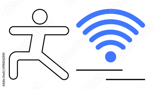 Wellness, technology, digital health, internet services, mindfulness, communication. A yoga pose figure next to a wireless signal symbol. Wellness and technology concepts blending health