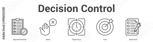 Decision Control web banner icon set vector illustration concept for business with icon of Approved Checklist, Reject, Target Focus, Go.