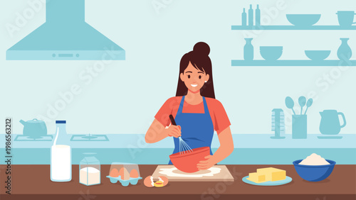 Happy young woman wearing a blue apron whisks ingredients in a red bowl while preparing to bake at a wooden counter in her kitchen.