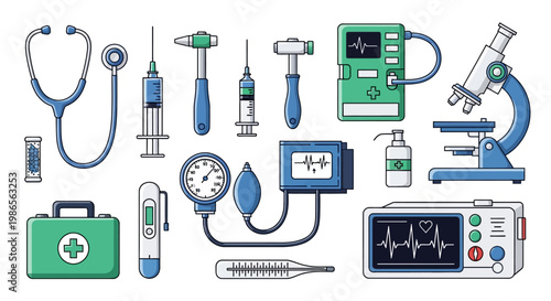 Comprehensive Medical Healthcare Instruments: Stethoscope, Syringe, Blood Pressure Monitor, and ECG Monitor on Isolated White Background