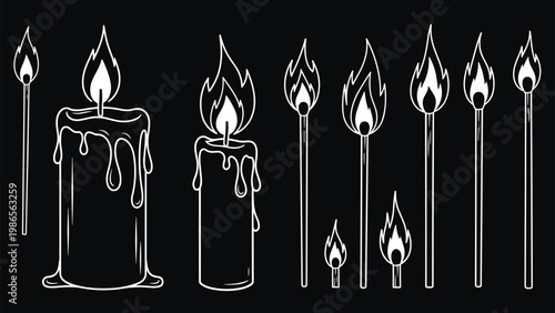 Chalkboard style drawing of various candles and matches with glowing flames arranged on a dark black background in a white outline.