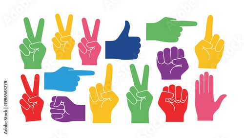 Large collection of human hand gestures in diverse colors including peace signs, thumbs up, pointed fingers, and closed fists.