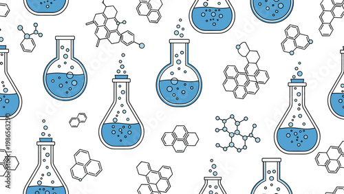 Seamless scientific pattern featuring various chemical beakers, laboratory flasks filled with blue liquid, and molecular structures.