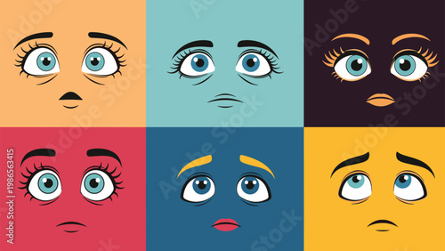 Set of six colorful squares featuring different emotional eye expressions ranging from surprise and sadness to tiredness.