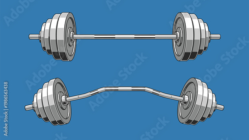 Two different types of heavy weightlifting barbells including a straight bar and an ez curl bar on a plain blue background.