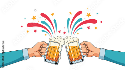 Two hands holding glasses of beer in a celebratory toast with colorful stars and light bursts symbolizing party and joy.