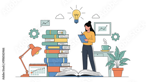 Busy student or professional woman taking notes near a huge stack of books and a lightbulb symbolizing new creative ideas.