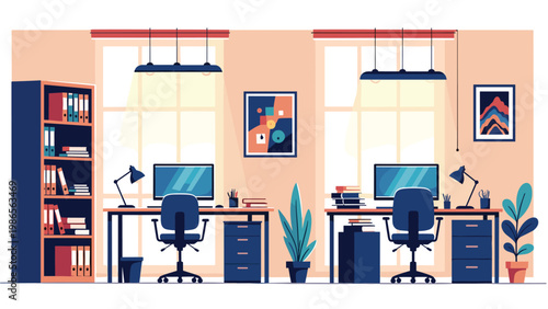 Empty modern home office interior with two wooden desks ergonomic chairs computer monitors and large windows with sunlight.